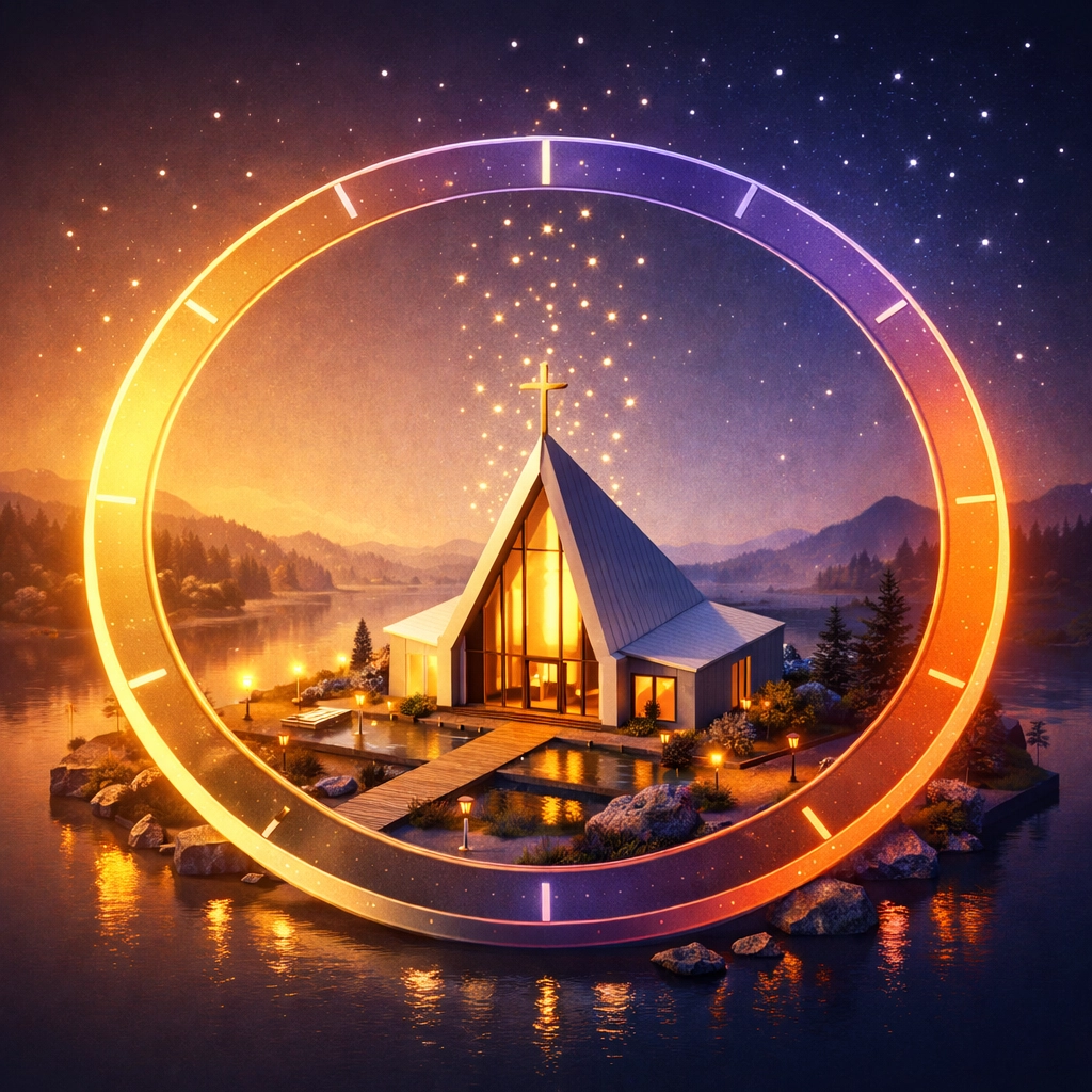 A glowing 24-hour clock around a modern chapel representing a continuous 24 hour prayer chain sign up sheet.