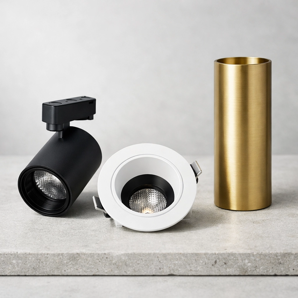 A collection of modern architectural lighting including LED track lights and recessed downlights.