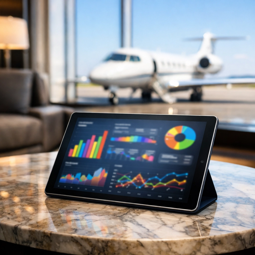 Tablet showing marketing data analytics in an executive airport lounge with a private jet background.