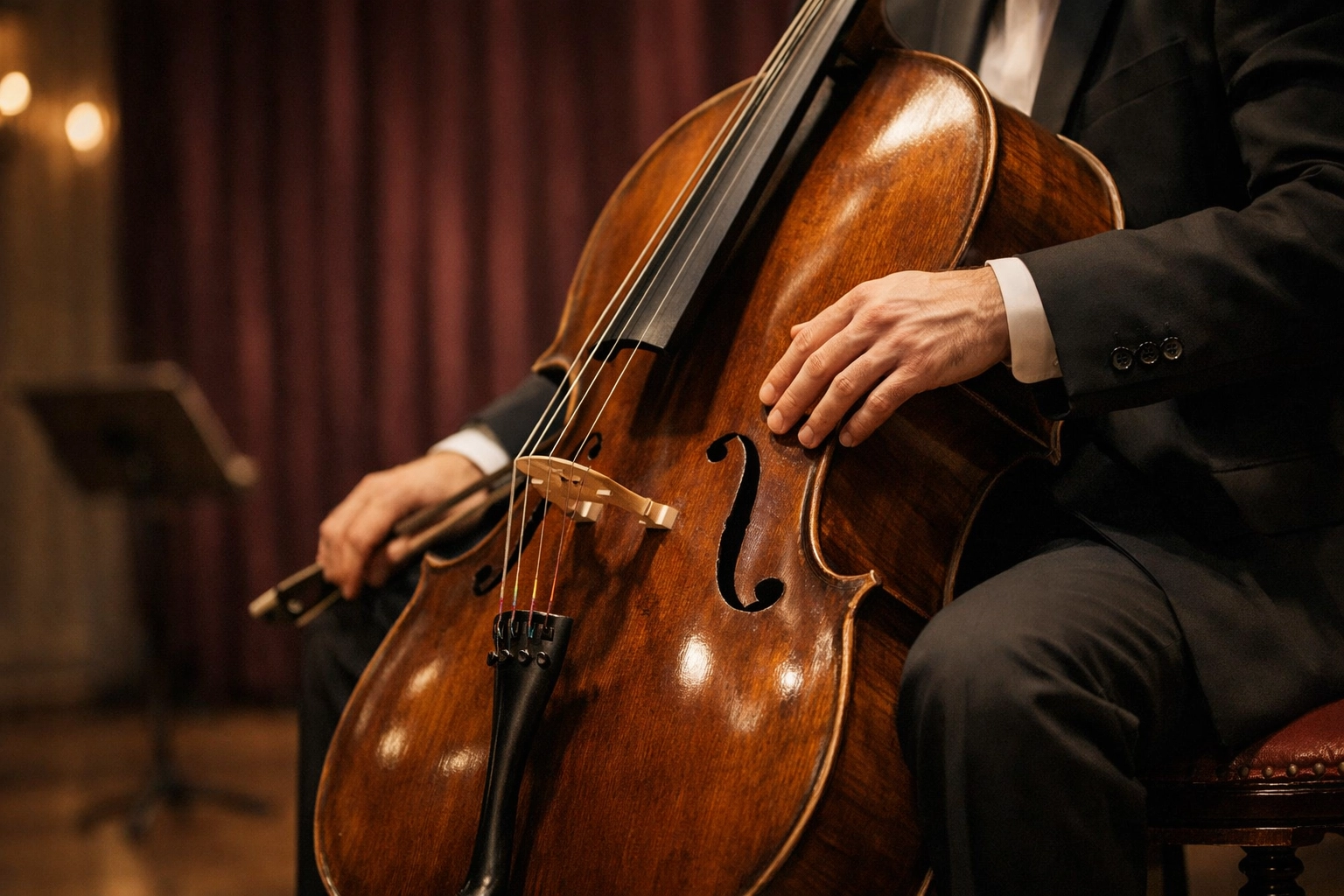 Professional cellist with wooden cello in concert hall showing high-value instrument