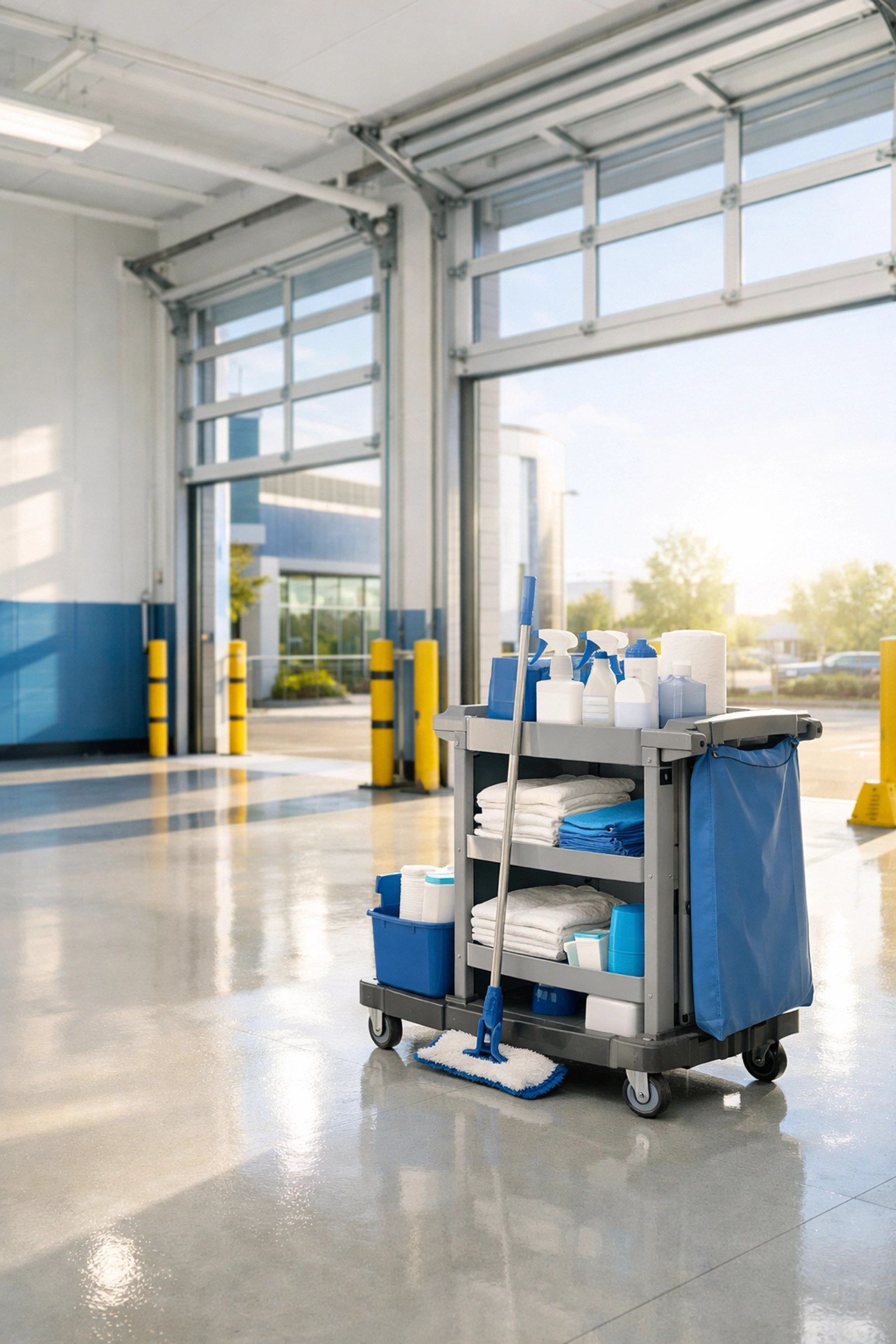 Eco-friendly cleaning cart and supplies in a spotless commercial loading bay for healthy workspaces.