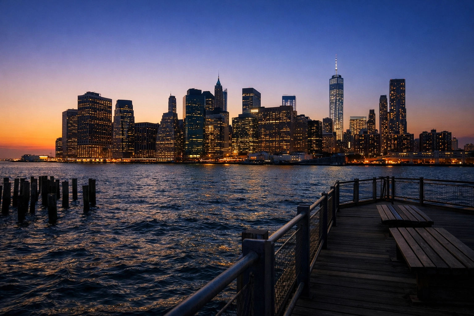Manhattan skyline view from Brooklyn during blue hour for emotional storytelling in photography.