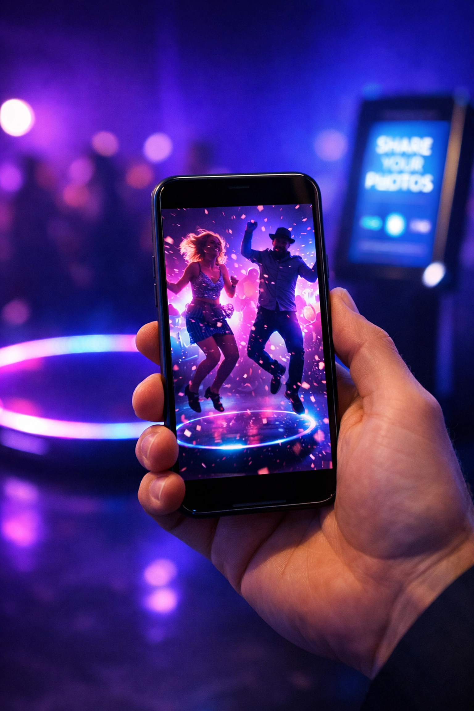 Instant social media sharing of a high-energy 360 video booth recording on a smartphone.