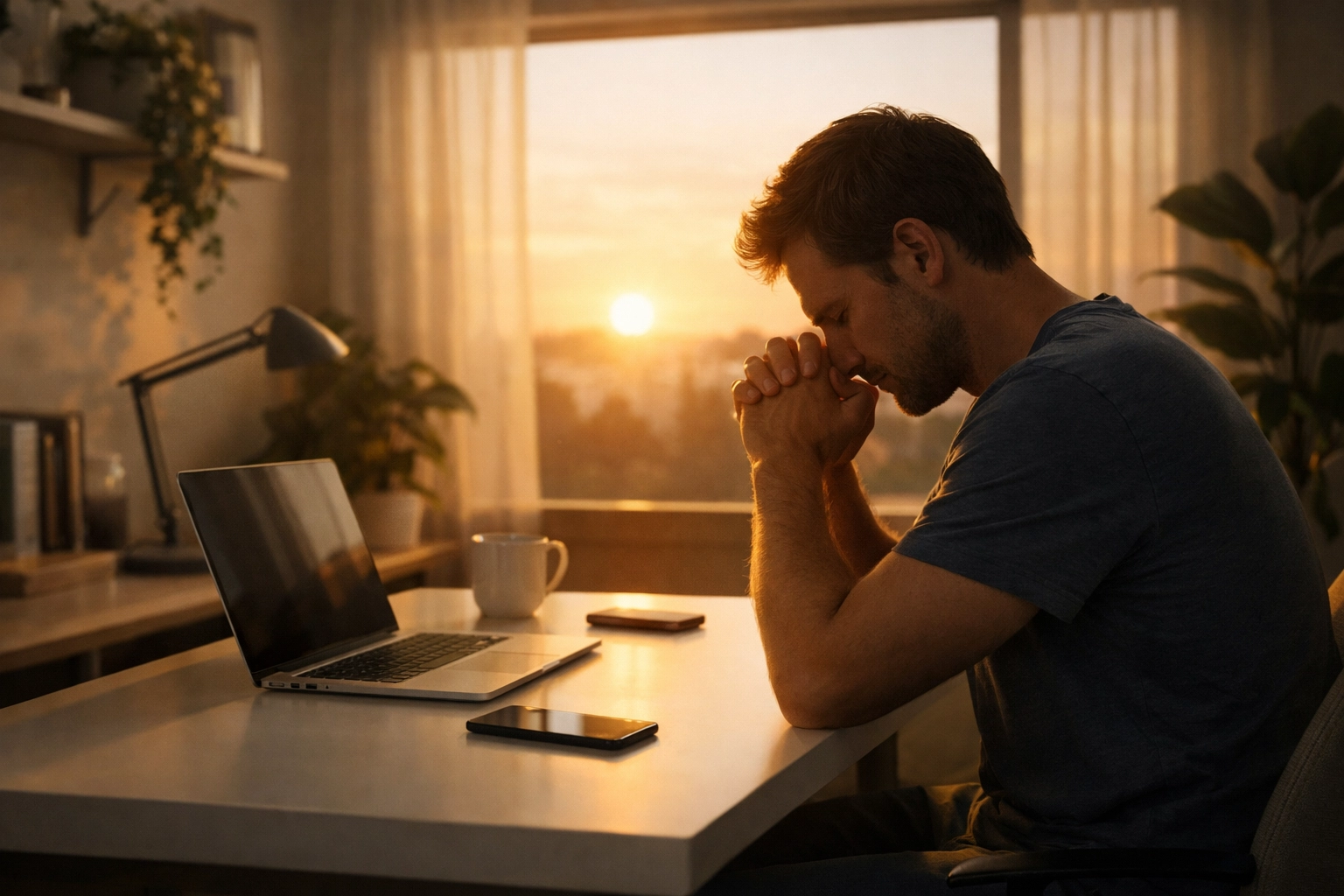 A believer bows their head in quiet morning prayer seeking the Holy Spirit's power and healing in their home office.