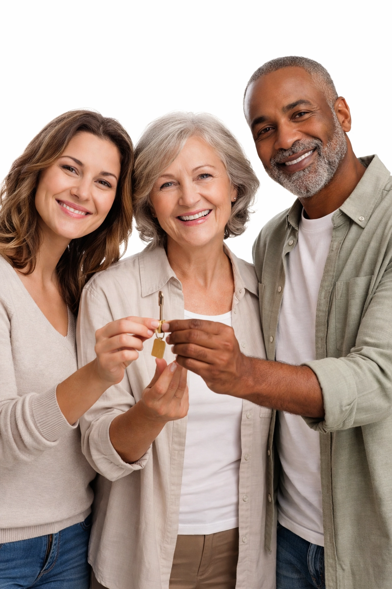 Family holding house key together after successful sale of inherited Florida home