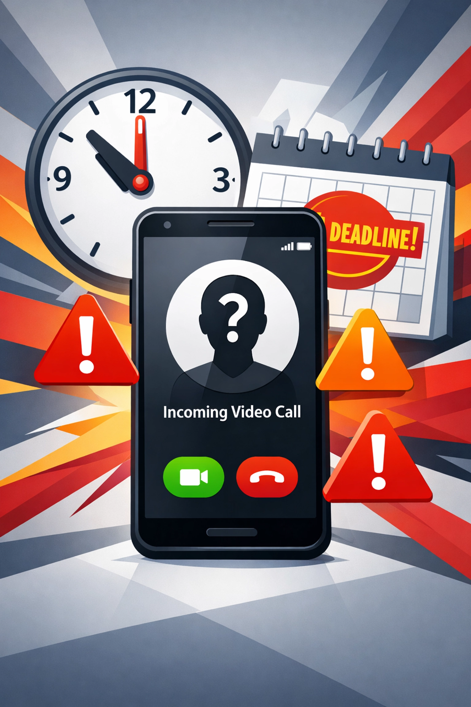 Suspicious video call request with warning symbols showing urgent deepfake scam red flags