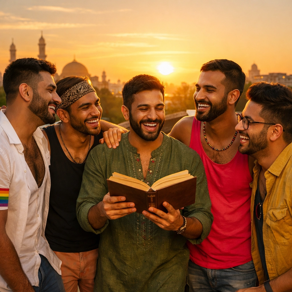 Diverse gay men laughing together on a rooftop at sunset, celebrating modern LGBTQ+ community and literature.