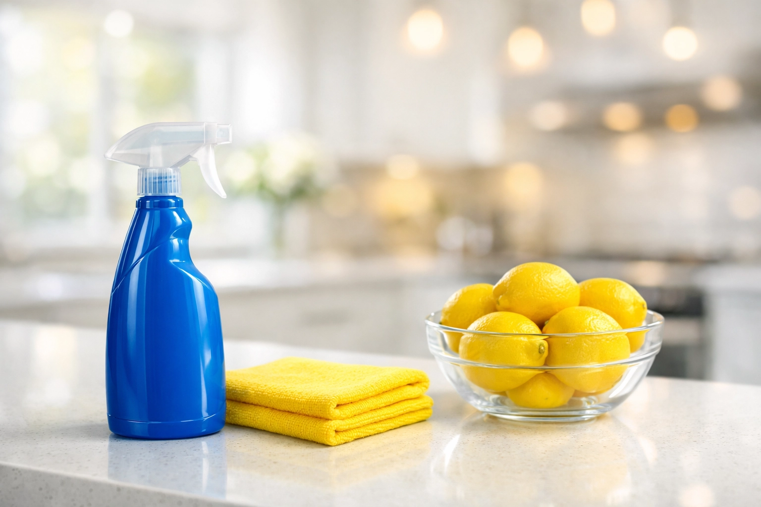 Professional cleaner in Leominster MA sanitizing luxury kitchen counters with eco-friendly products.