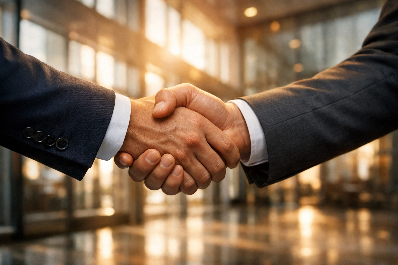 Professional handshake in a corporate lobby representing a successful legal partnership and case resolution.