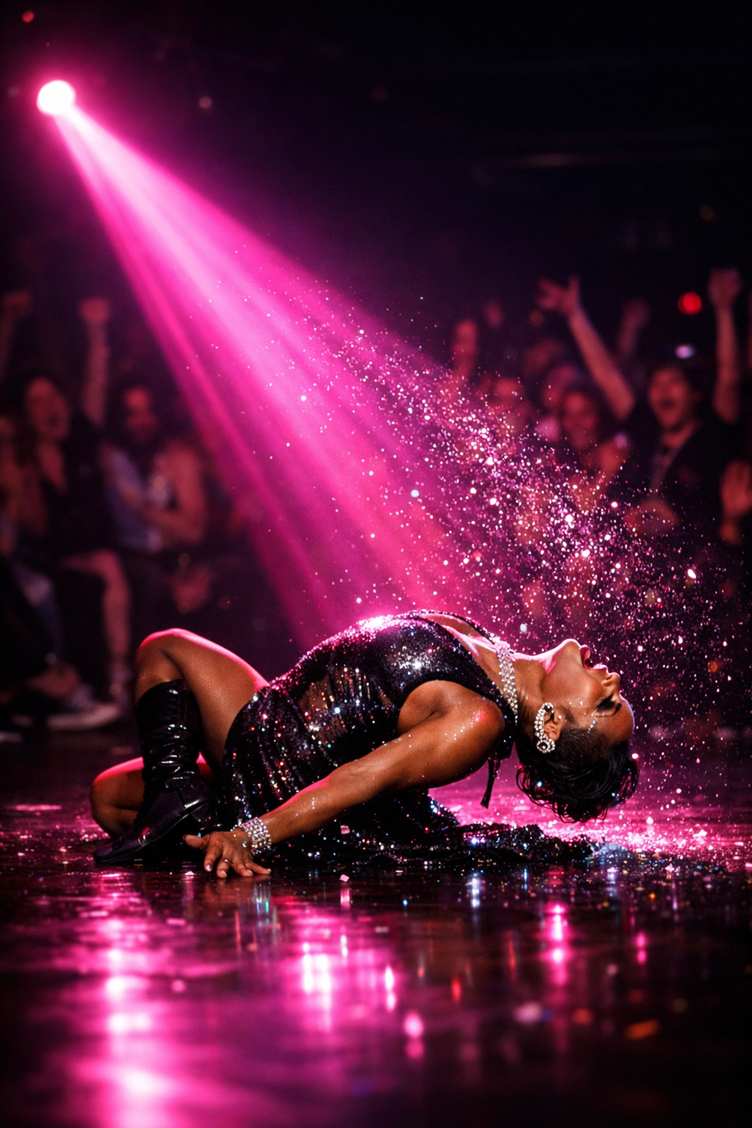 A queer performer of color performing a dramatic ballroom dip on a runway under a bright pink spotlight.