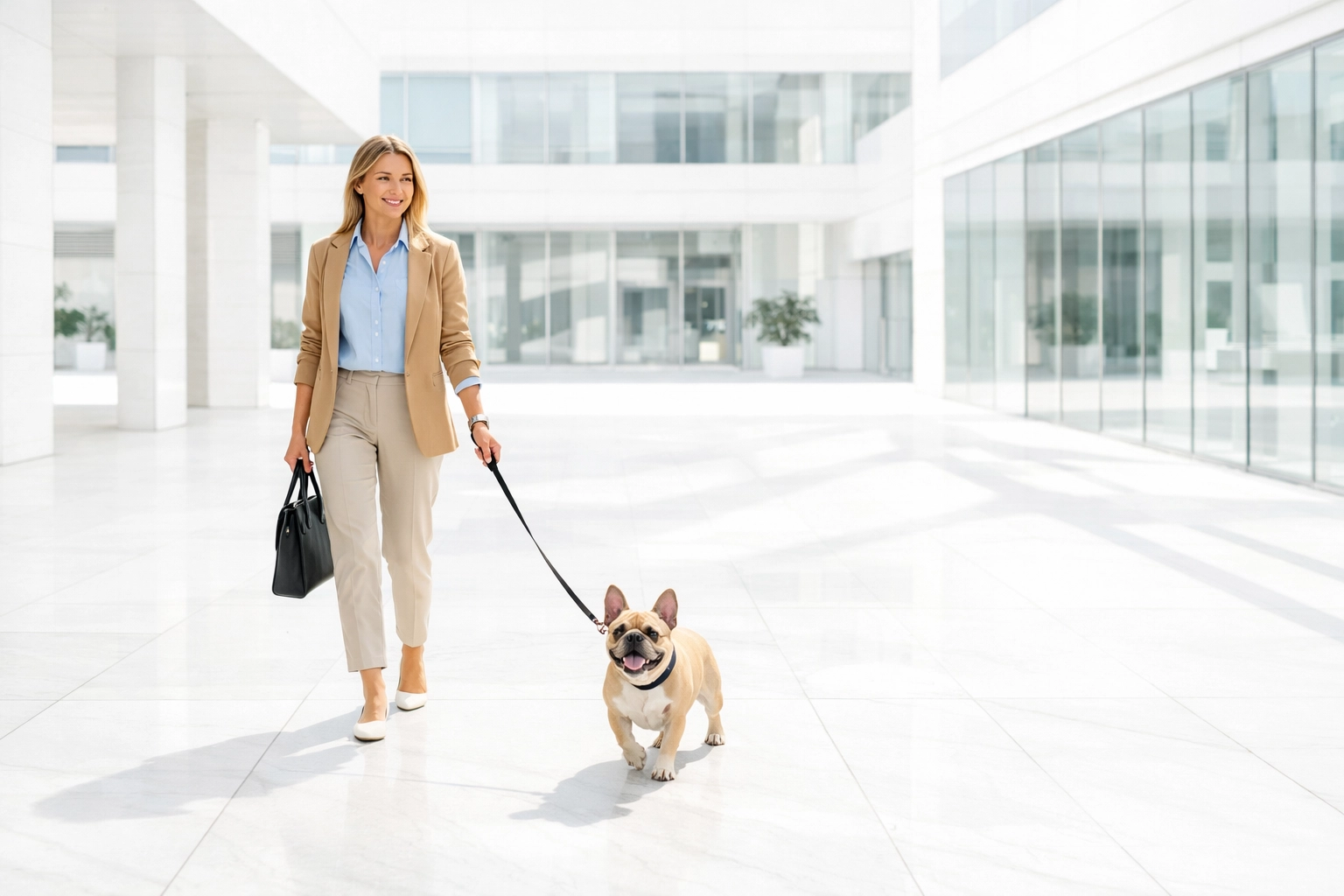Employee walking a French Bulldog at a corporate office, showcasing modern workplace pet benefits.
