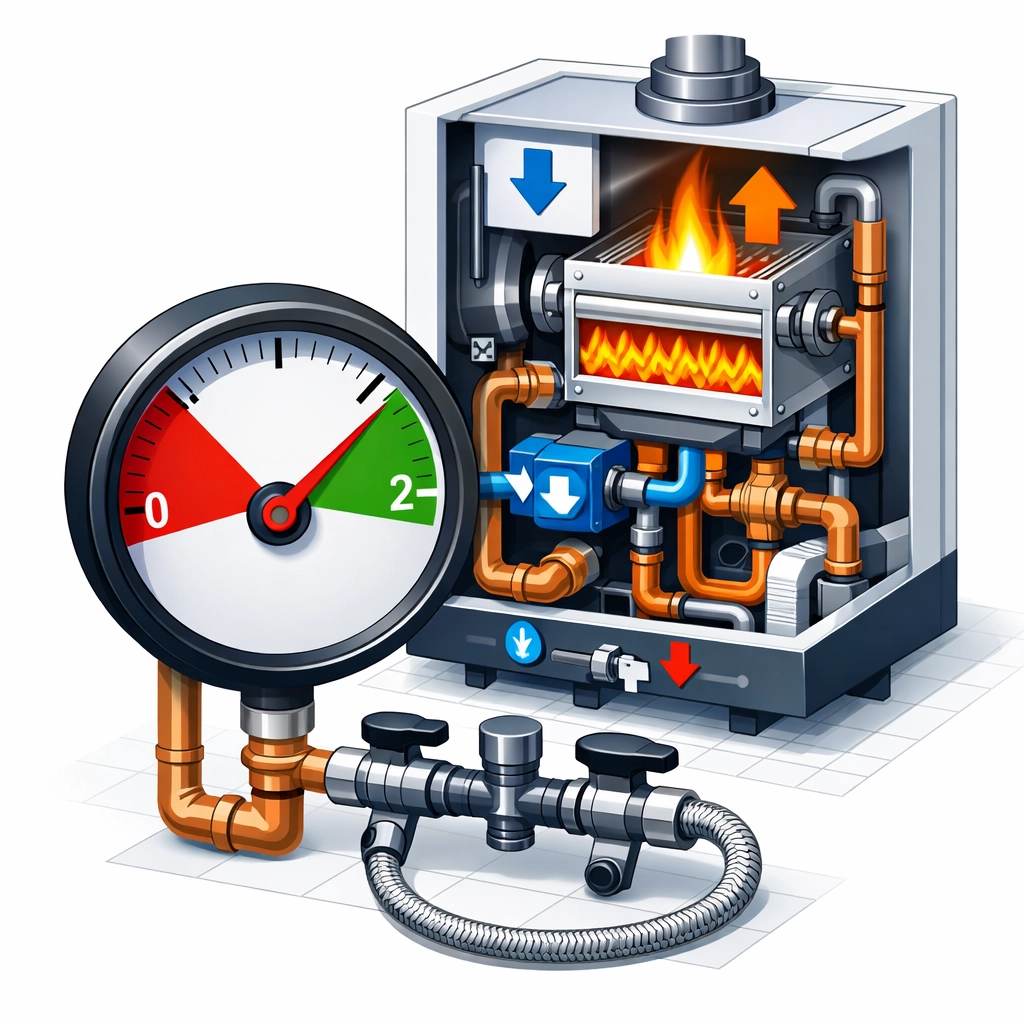 Boiler pressure gauge showing low pressure with filling loop valve for repair