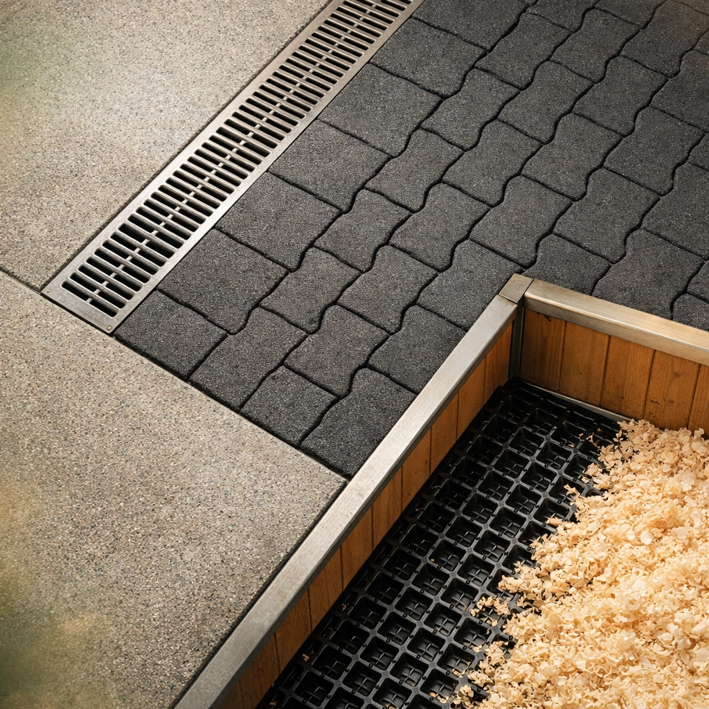 Premium horse barn flooring with concrete aisles, rubber pavers, and drainage channels