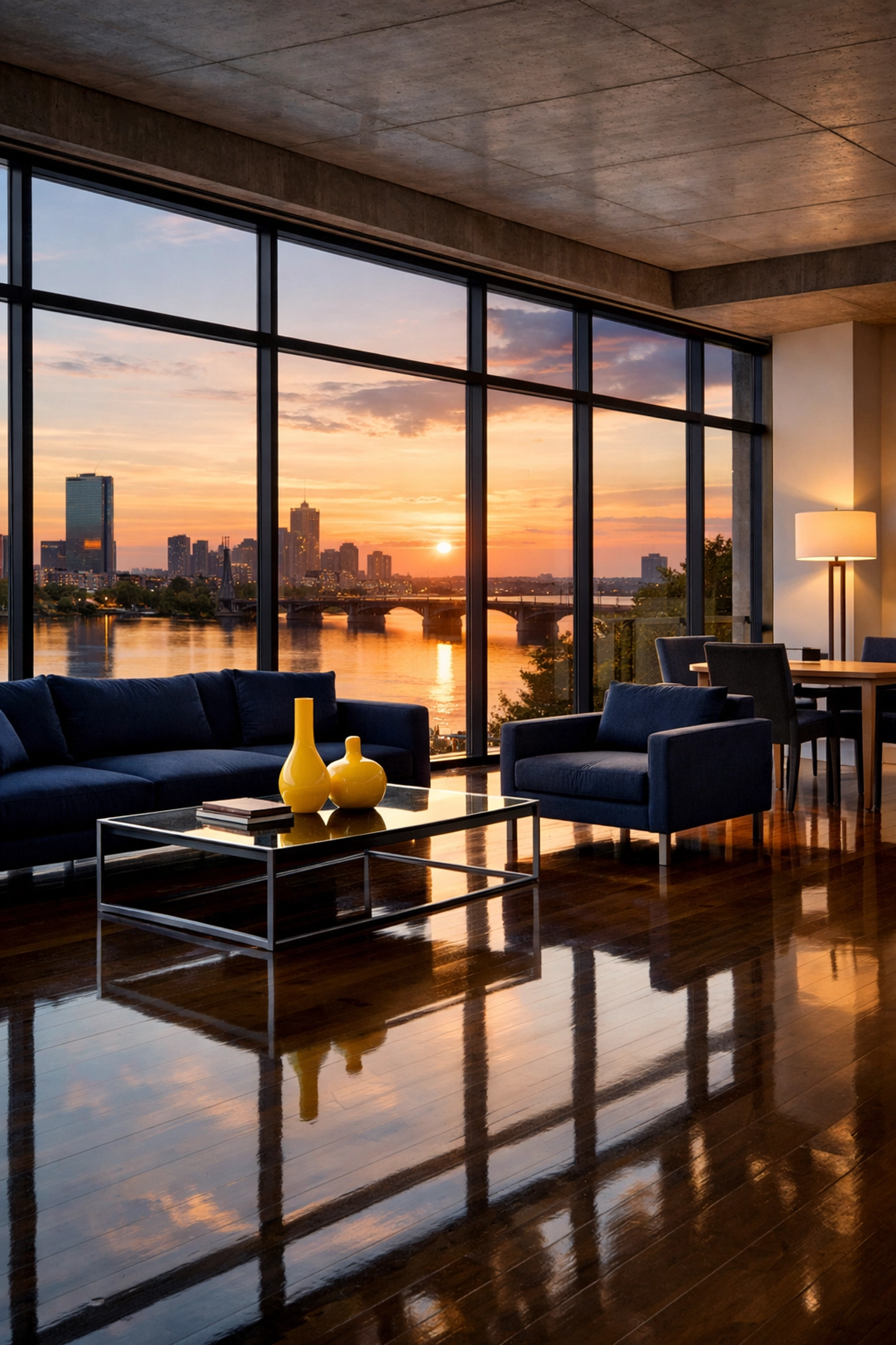 Pristine East Cambridge loft interior featuring dust-free hardwood floors and a view of the Charles River.