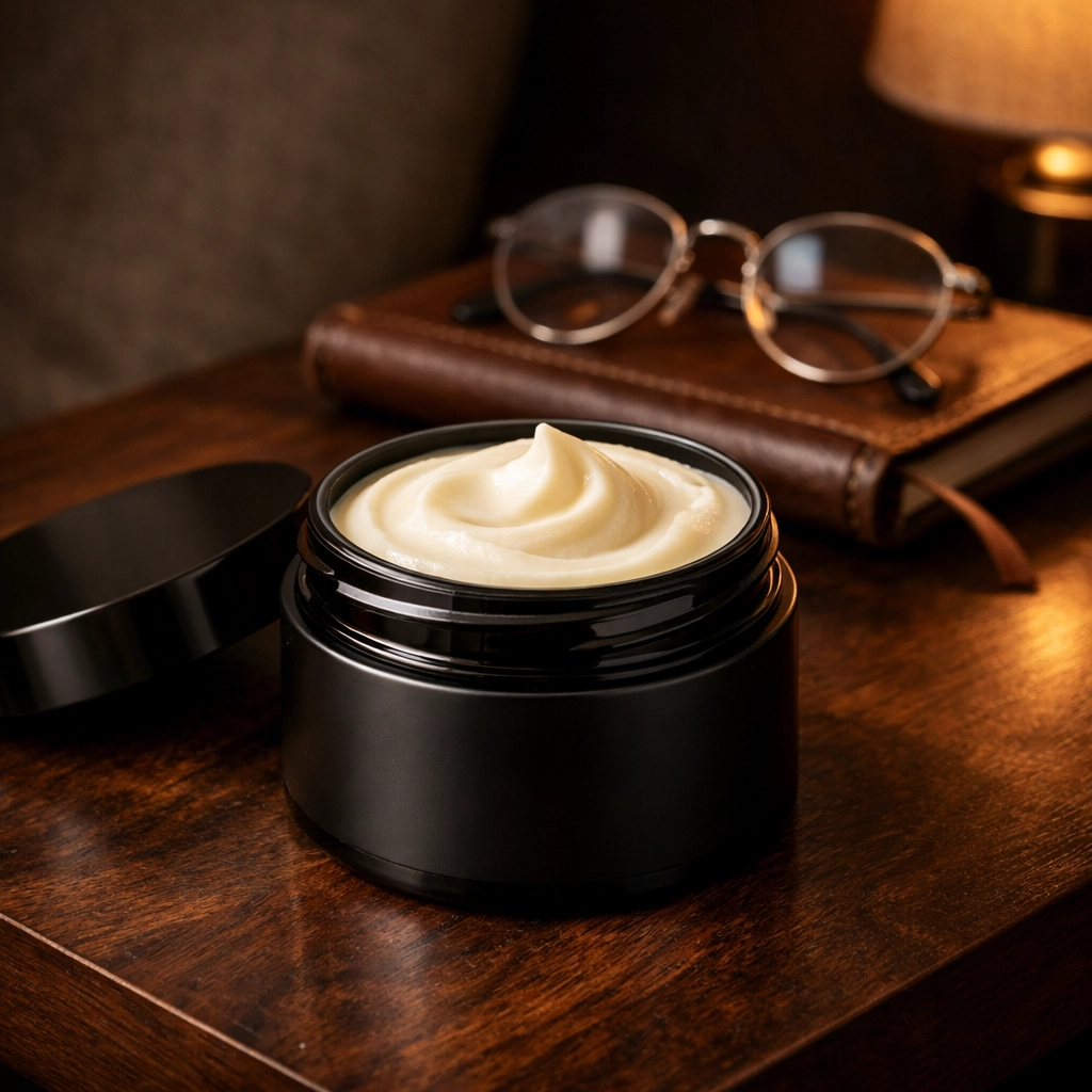 An open jar of creamy beard butter on a bedside table, perfect for a nighttime deep conditioning routine.