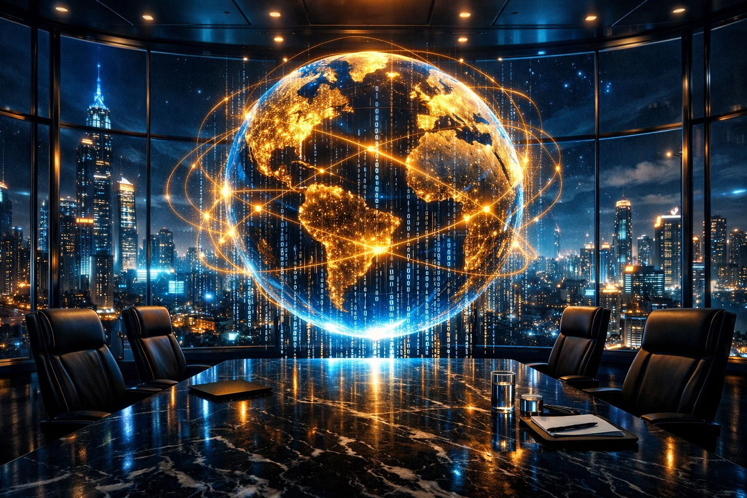 Futuristic corporate boardroom with a glowing digital globe symbolizing the rise of AI startups in India.