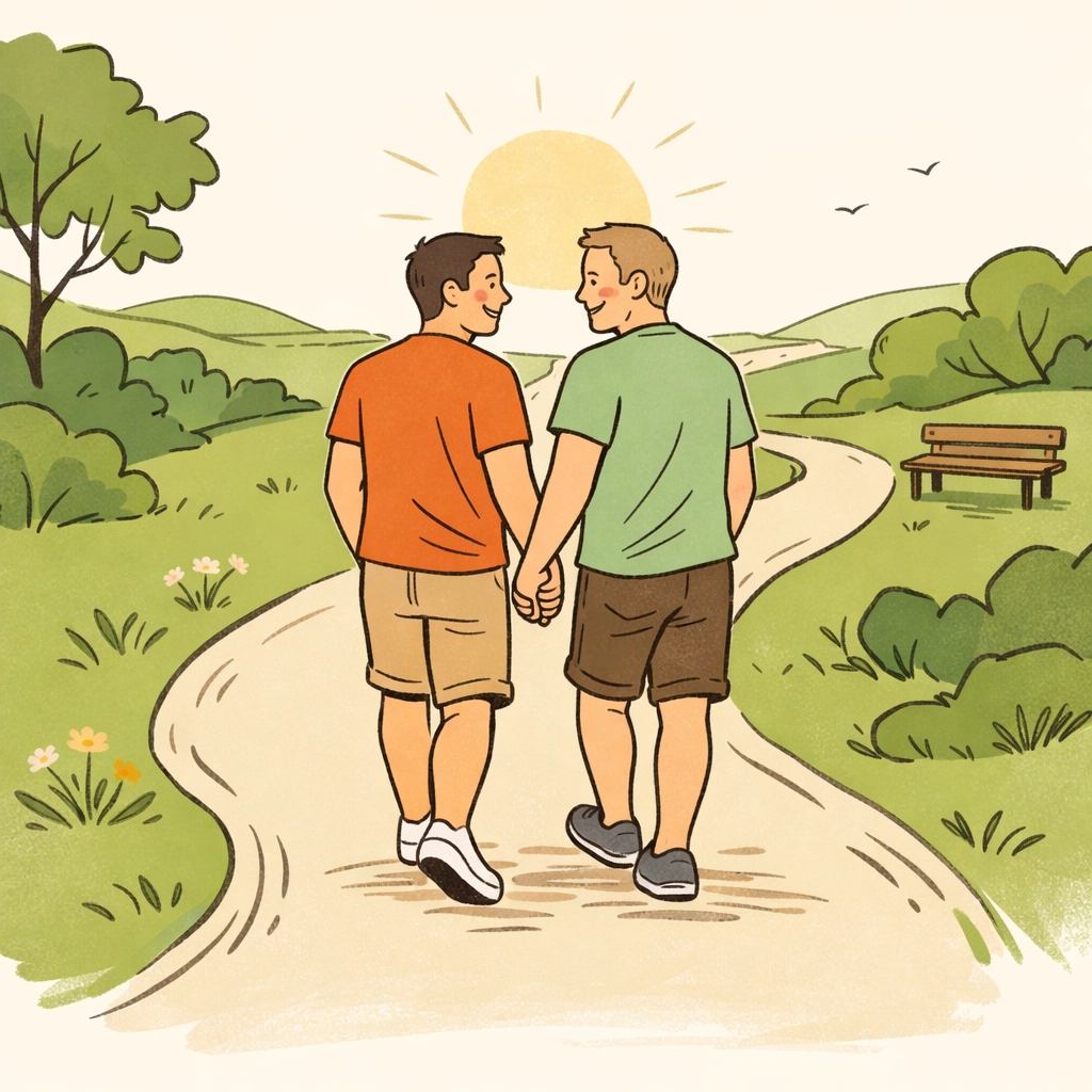 A gay couple walking together in a park, celebrating self-acceptance and heartfelt gay love stories.