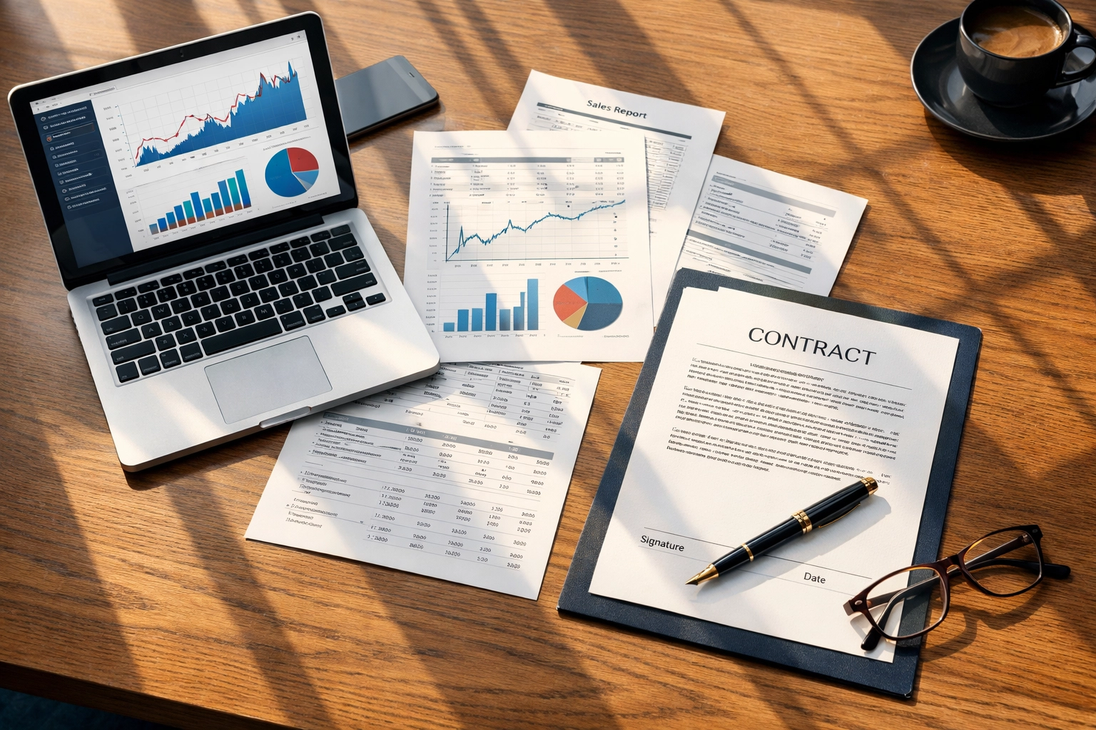 Business documents and laptop on boardroom table for commercial due diligence review