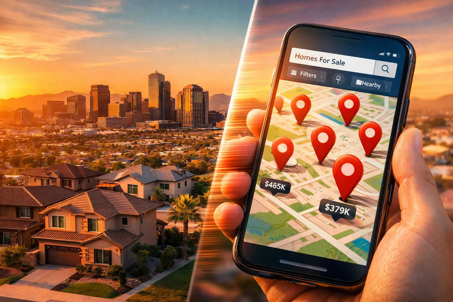 Real-time mobile home search showing Phoenix West Valley properties on smartphone screen