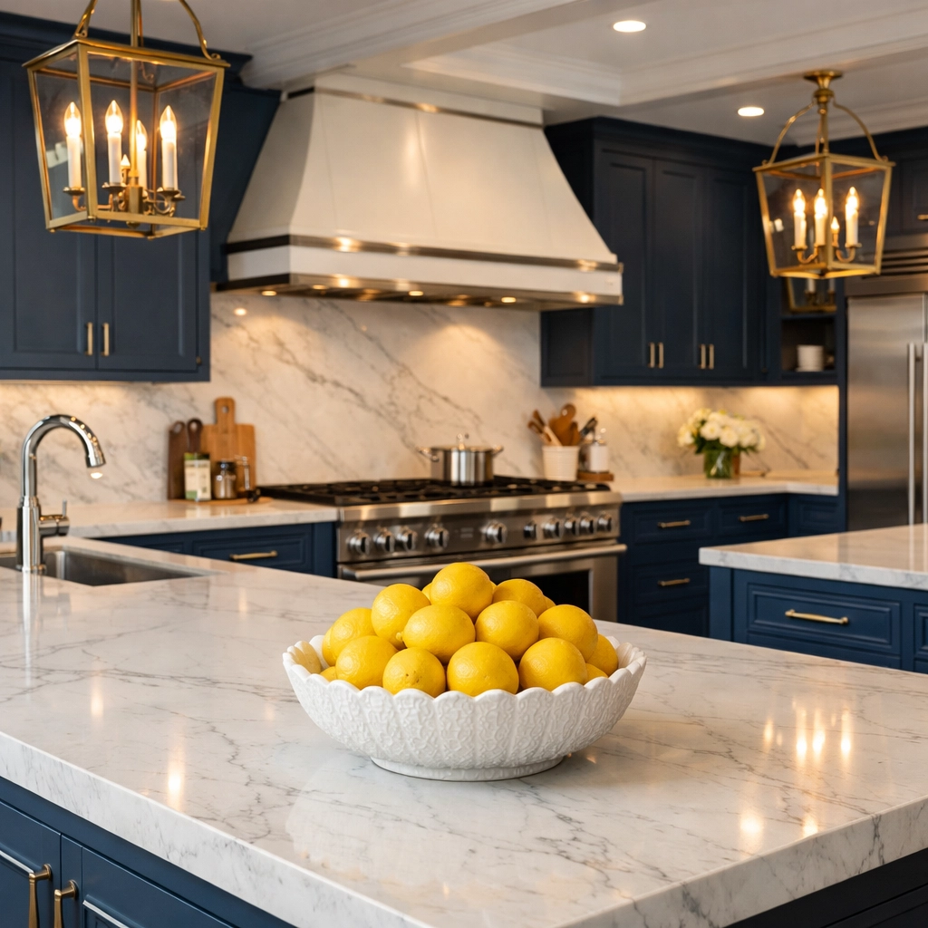 Spotless gourmet kitchen featuring professional cleaners Massachusetts standard marble countertops and blue cabinets.