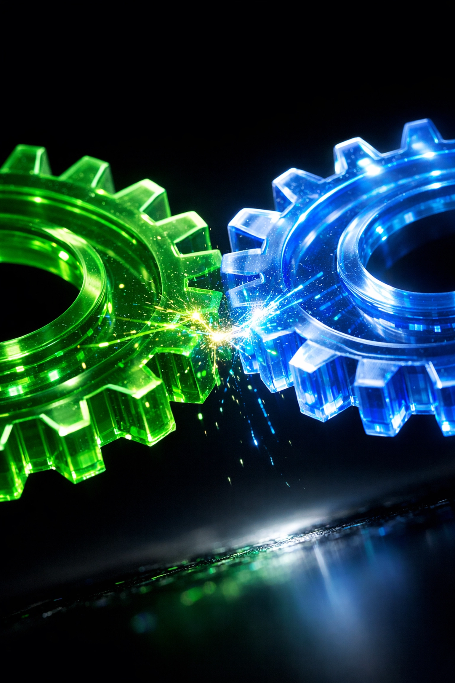 Two interlocking glowing gears representing the seamless connection of WhatsApp API to an AI support agent.