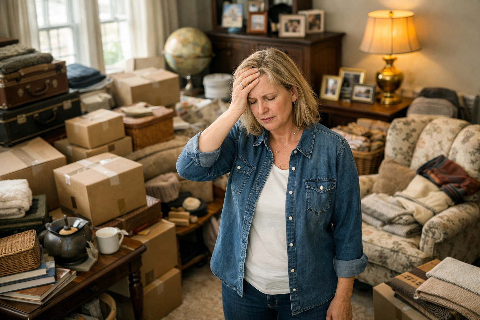 Woman overwhelmed by boxes and furniture during estate liquidation in Central Ohio home
