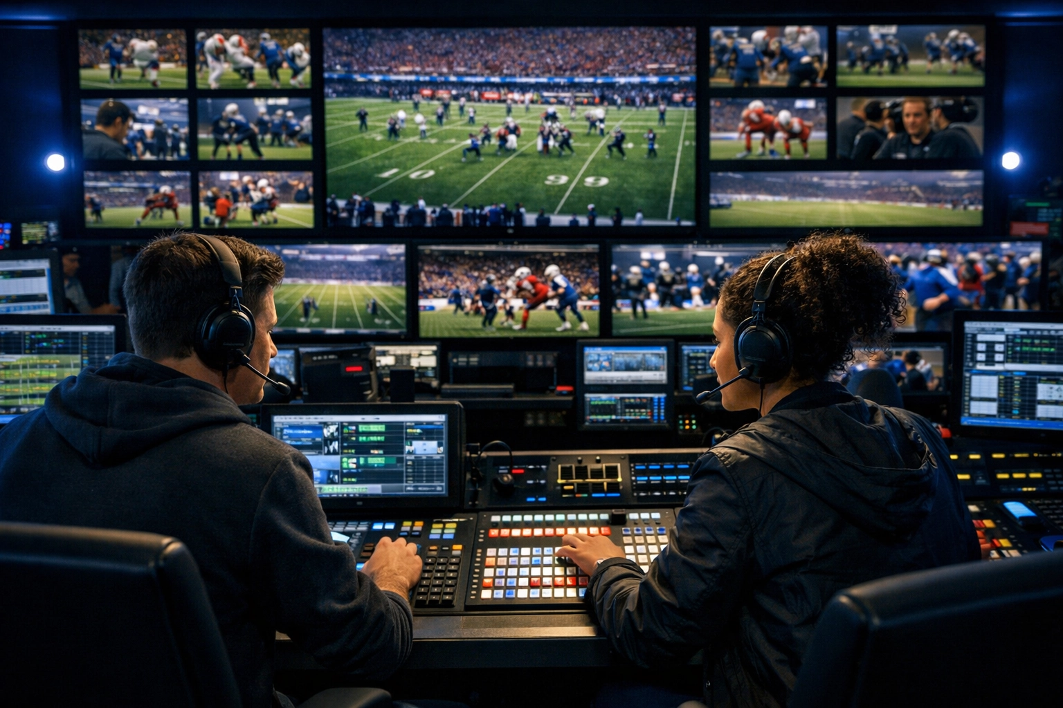 Young professionals operating a high-tech sports media control room during a live broadcast production.