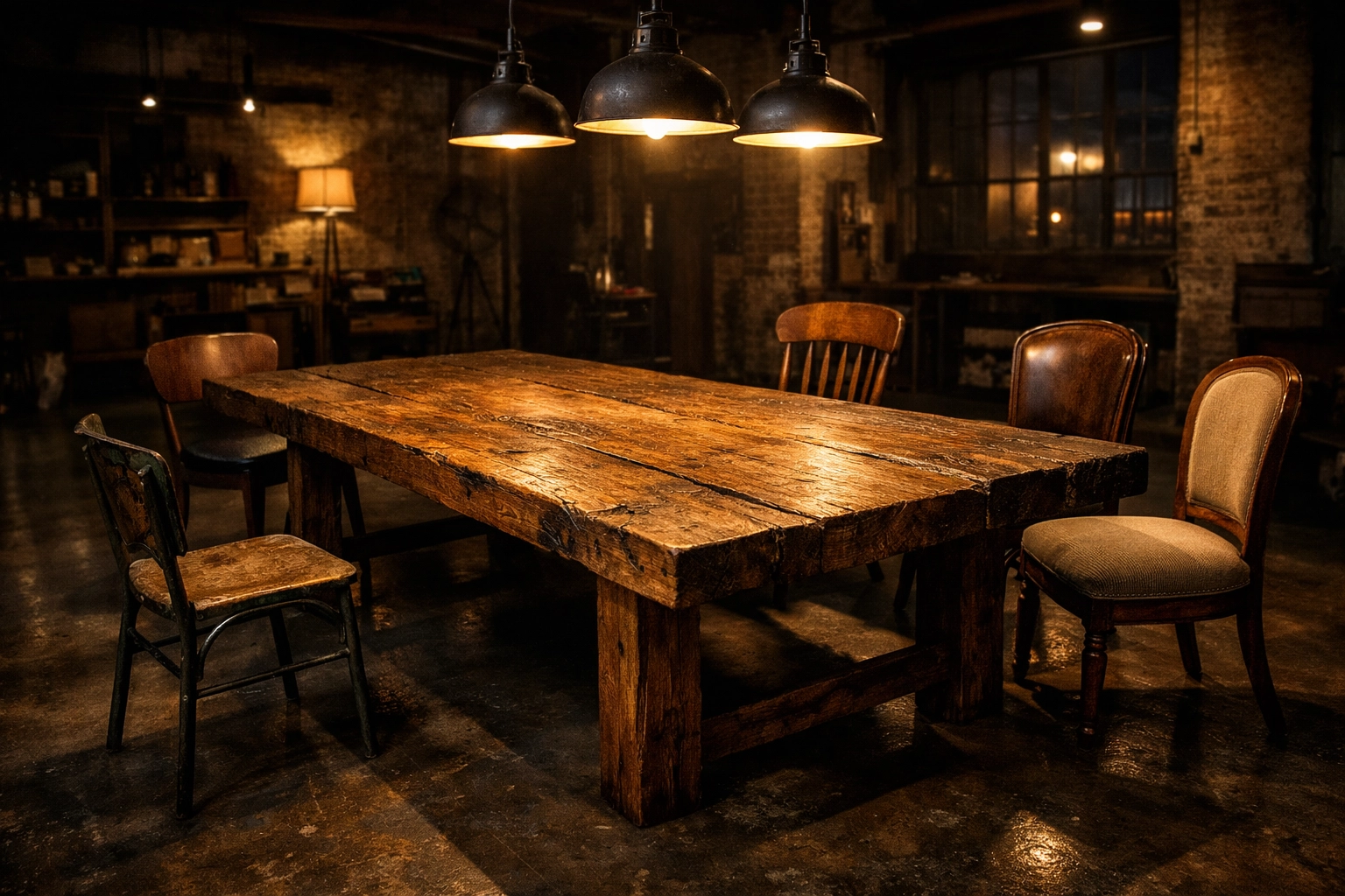 Custom handcrafted table with four unique chairs symbolizing independent film production choices