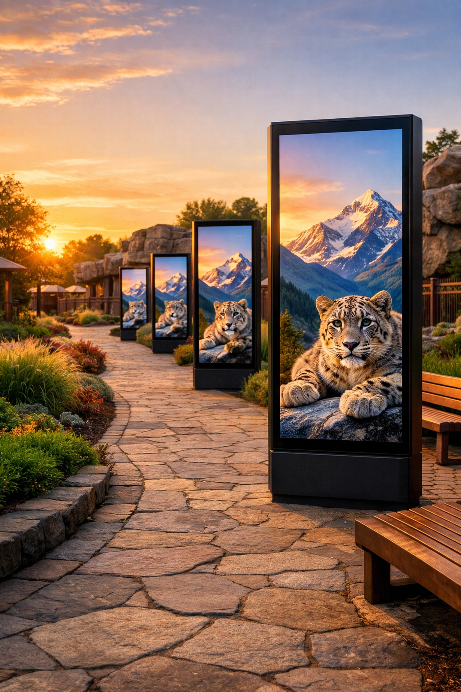 Outdoor zoo walkway featuring smart digital signage pillars for enhanced visual communication and guest engagement.