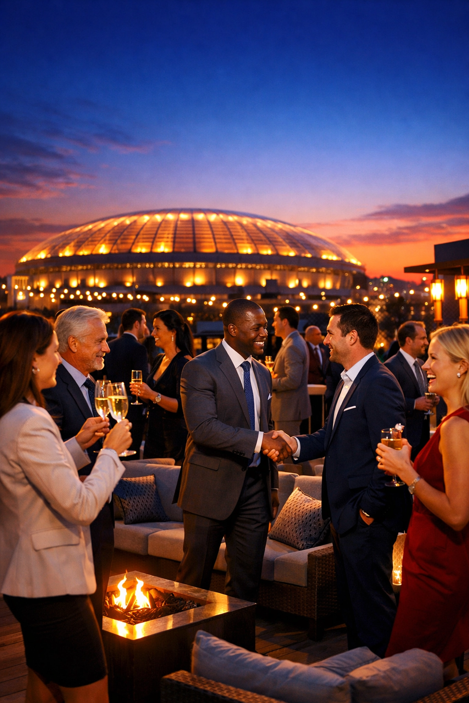 Corporate leaders networking at a high-visibility Super Bowl brand activation event on a rooftop overlooking the stadium.