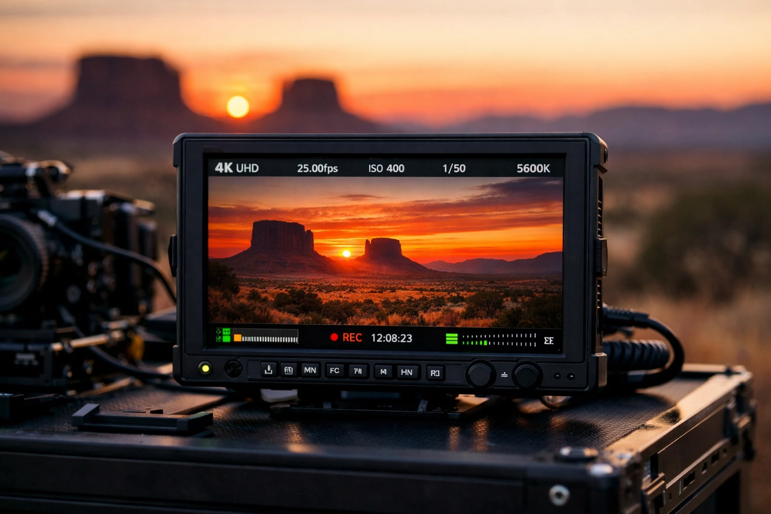 A cinematic field monitor displaying color-graded footage for a professional West Texas film production.