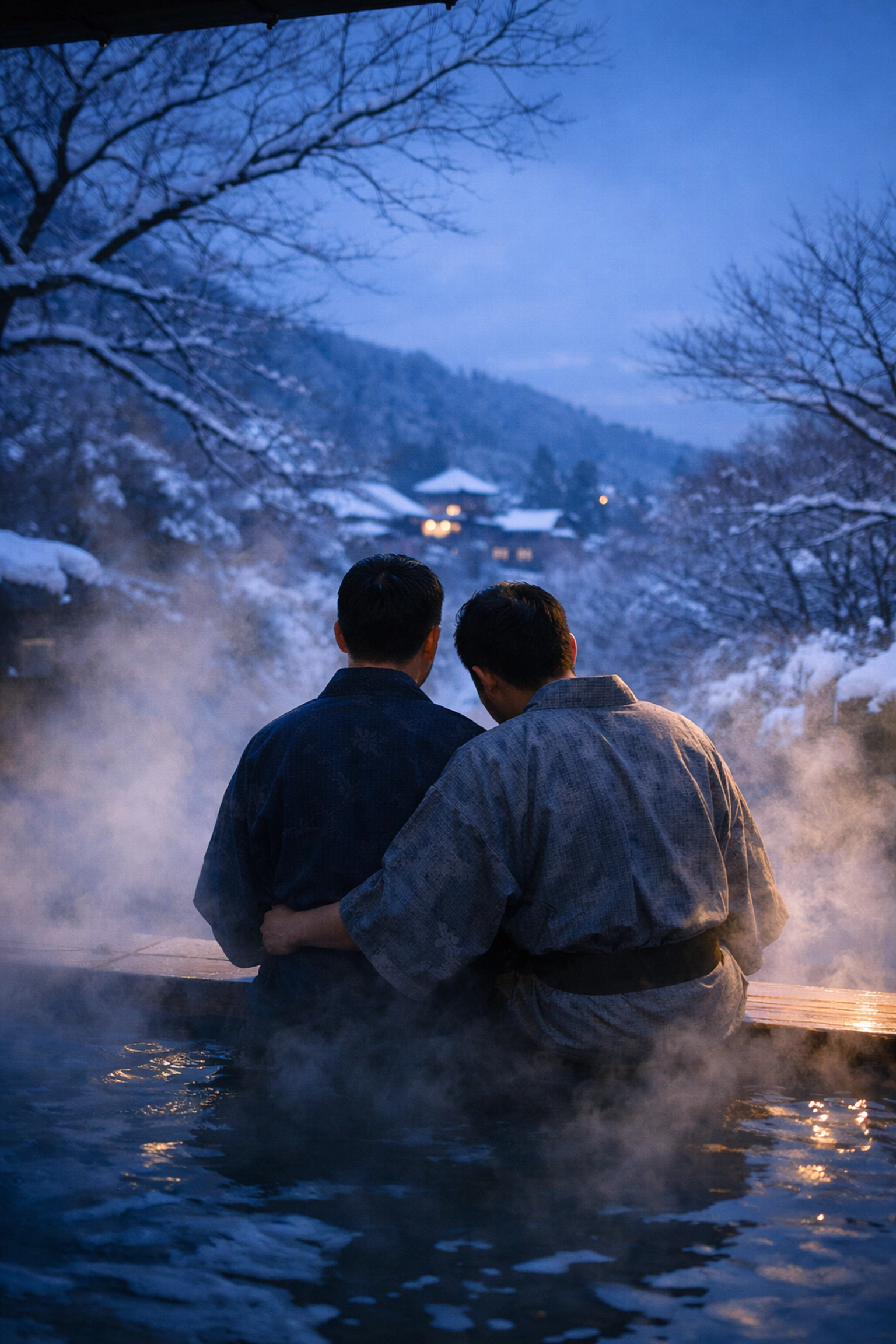 Two men in yukata relaxing at private ryokan onsen overlooking snowy Kyoto landscape