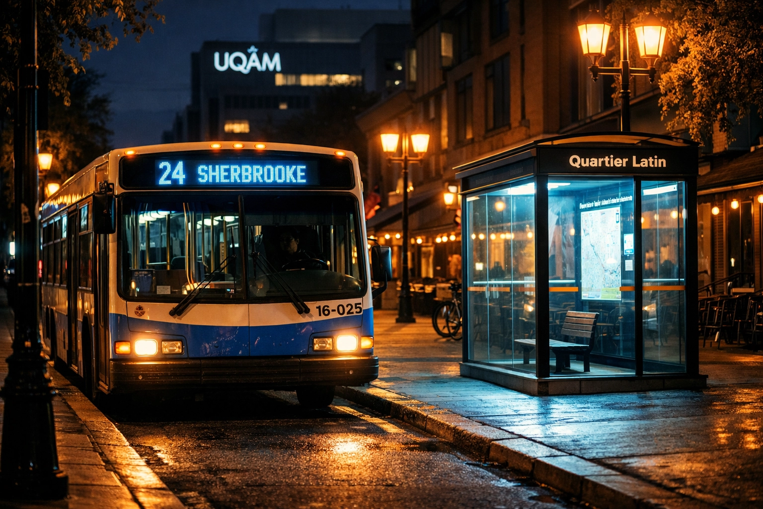 STM city bus at a night stop in the Quartier Latin, providing safe transit for Montreal’s 24-hour nightlife.
