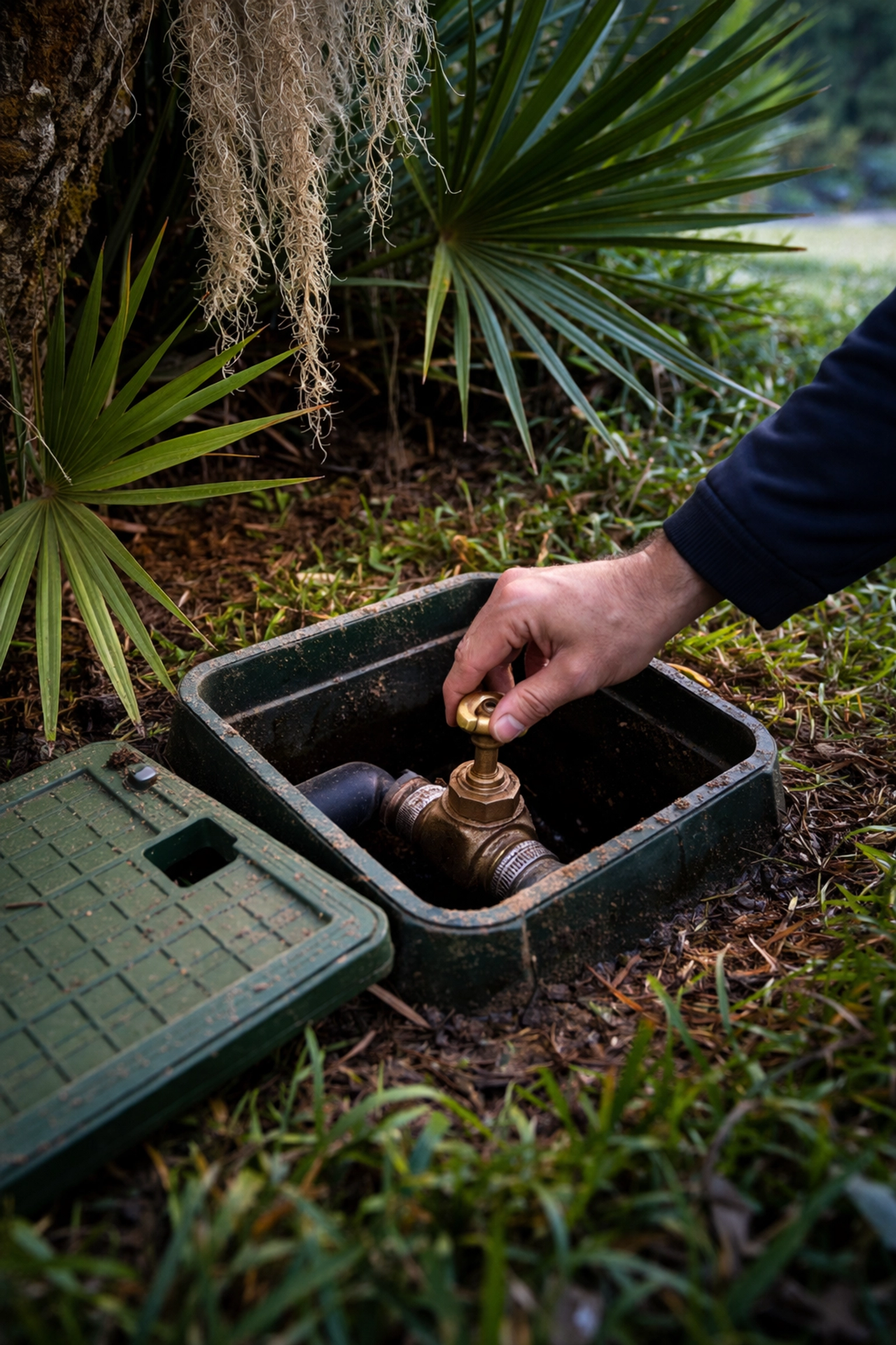 Homeowner turning outdoor main water shut-off valve surrounded by Louisiana vegetation