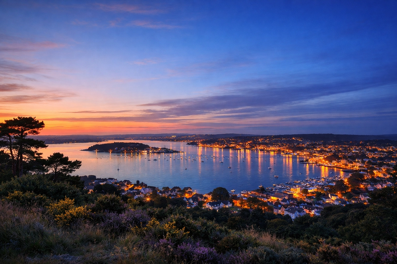 Panoramic twilight view of Poole harbour illustrating local security coverage and peace of mind.