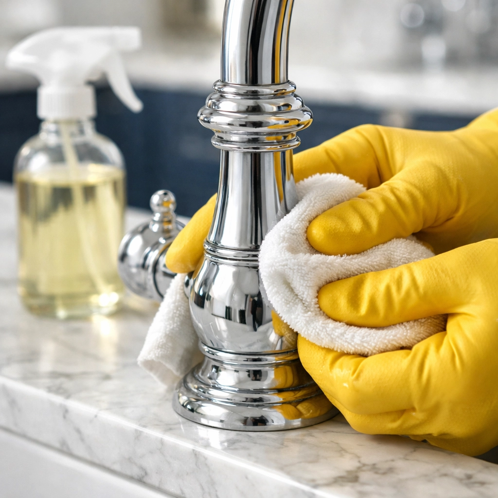 Professional deep cleaning specialist sanitizing a luxury kitchen faucet with eco-friendly products.