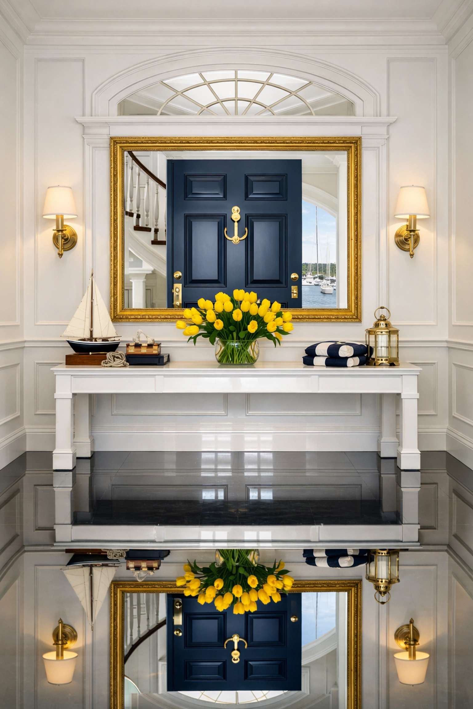 Harbor-ready Marblehead entrance hall maintained by Marblehead luxury cleaning professionals.