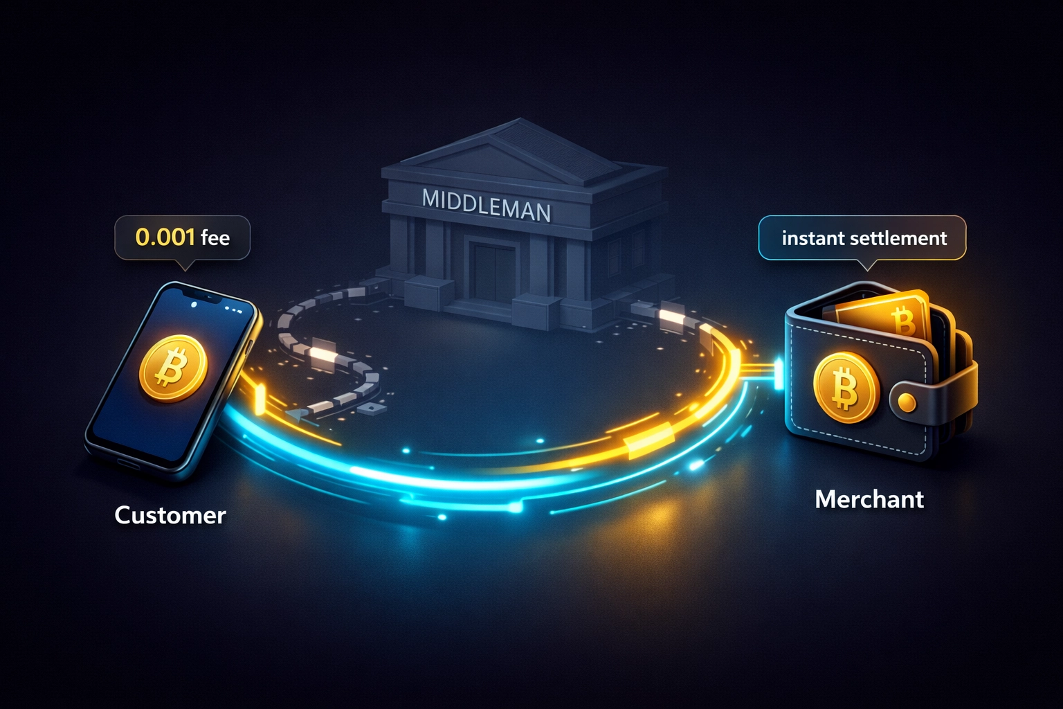 Direct crypto payment flow from customer to merchant self-custody wallet bypassing middleman fees