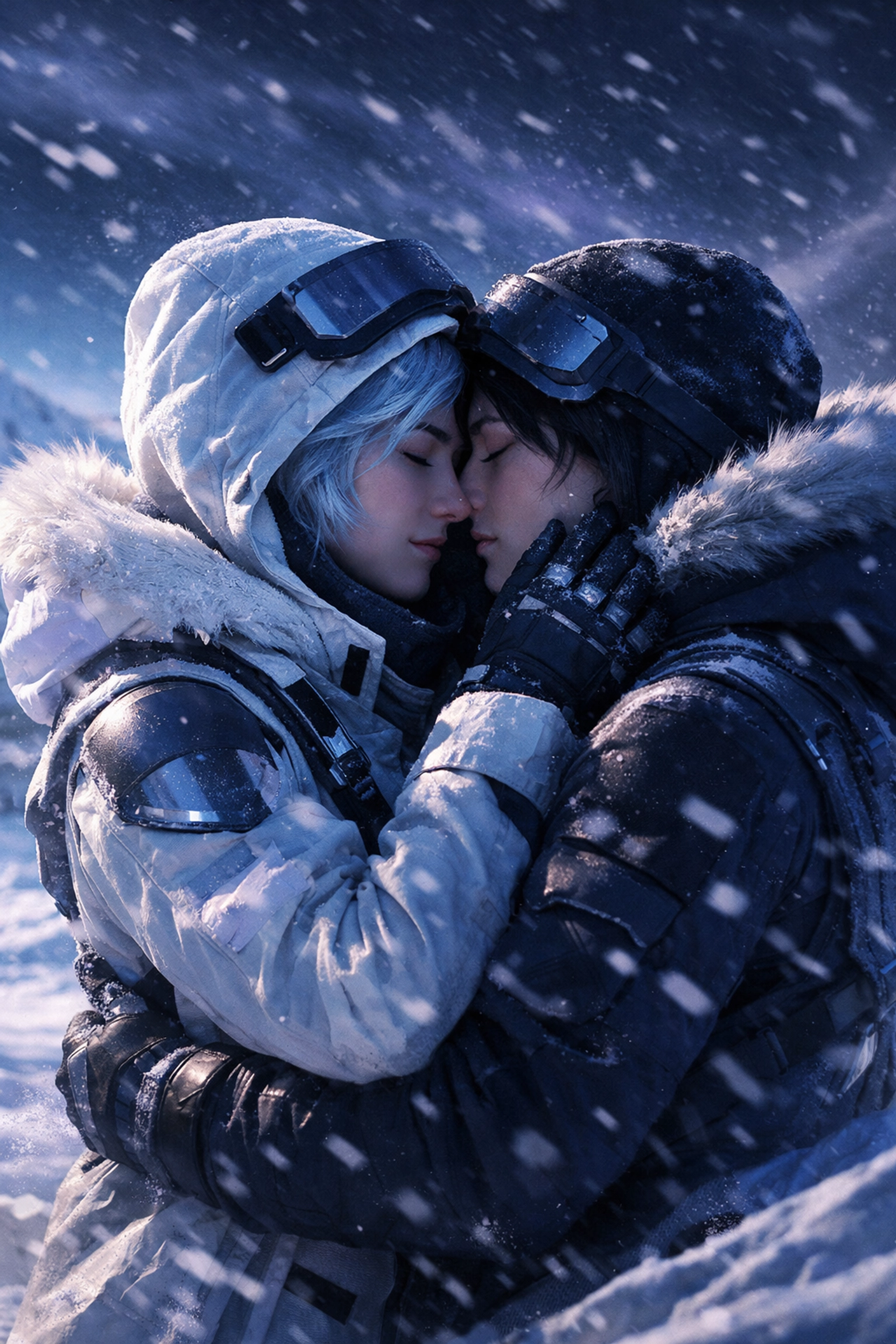 Two gender-neutral figures embrace on icy planet illustrating queer love beyond binary