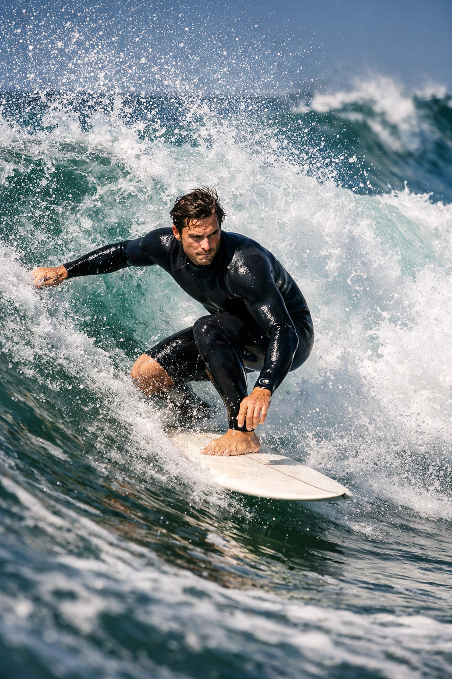 Surfer riding powerful Pacific waves at Black's Beach San Diego