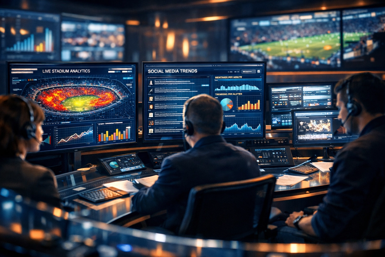 Media planners in a high-tech center analyzing real-time sports marketing data and fan engagement heat maps.