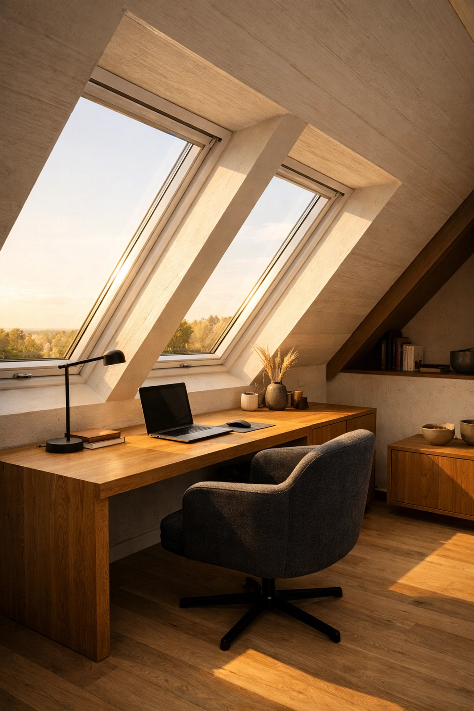 A minimalist home office loft conversion with sloping ceilings and Velux roof windows.