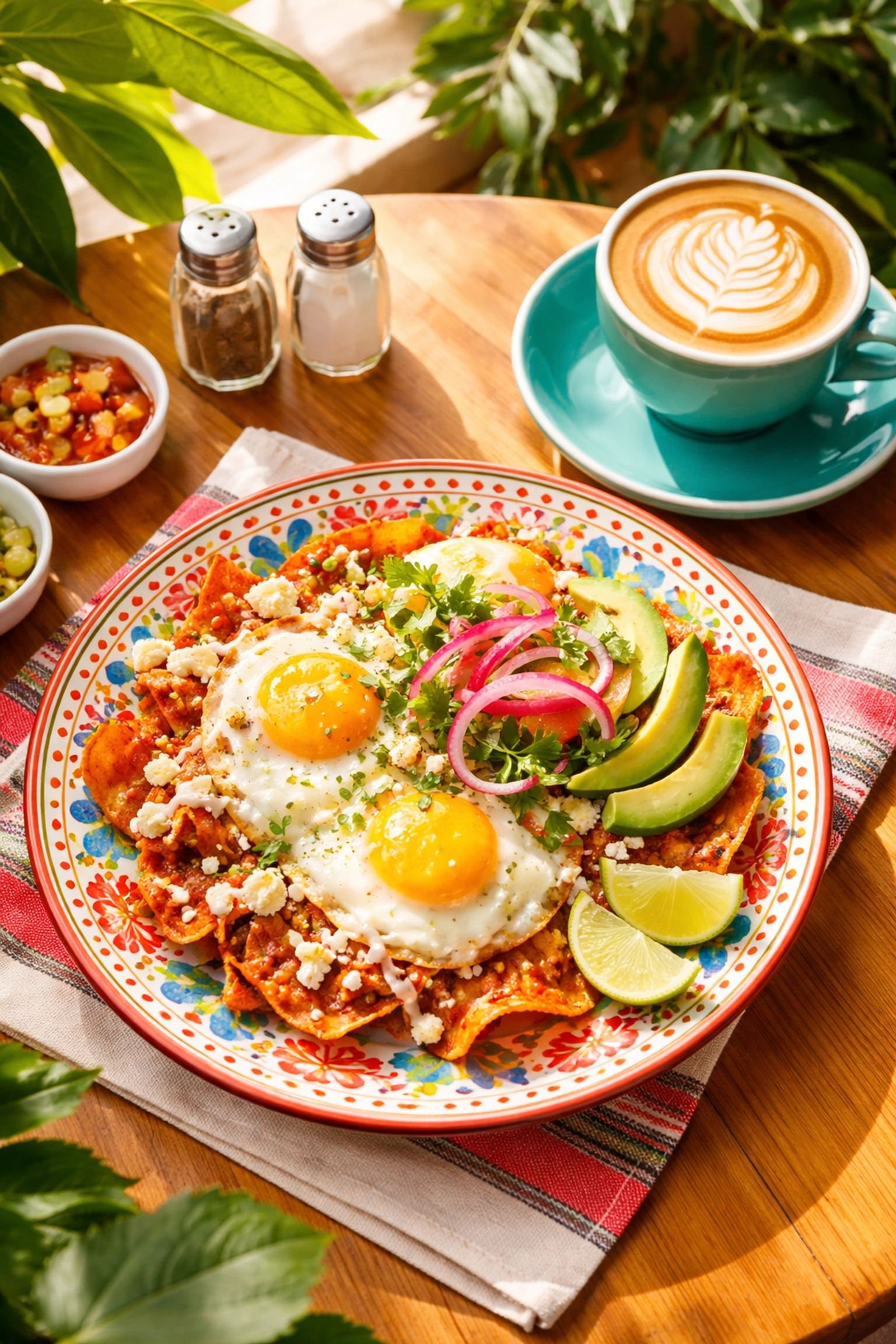 Mexican breakfast chilaquiles and a latte served at a bright café in Puerto Vallarta, showcasing local flavors and coffee.