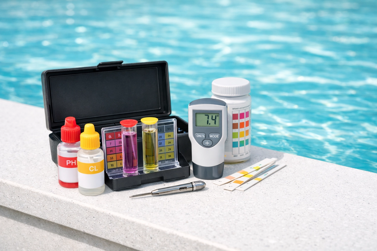 Professional water testing kit by a pool, illustrating accurate chemical pricing for pool route valuation.