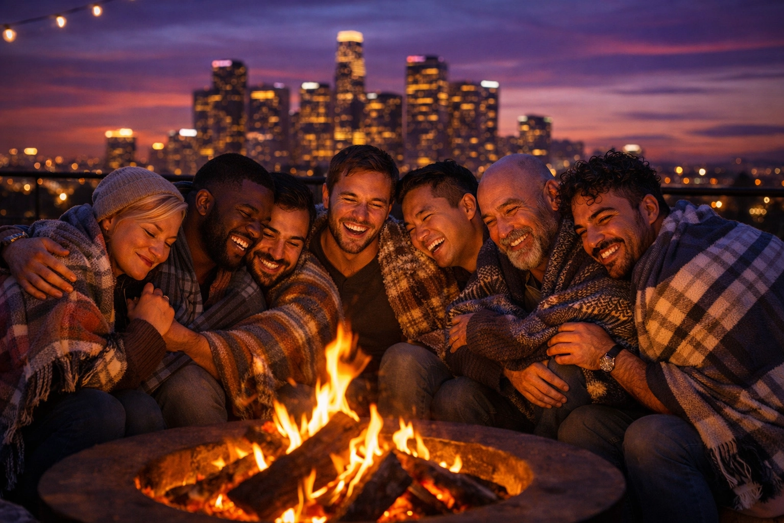 Chosen family of LGBTQ+ friends around a rooftop fire pit at dusk, celebrating queer support