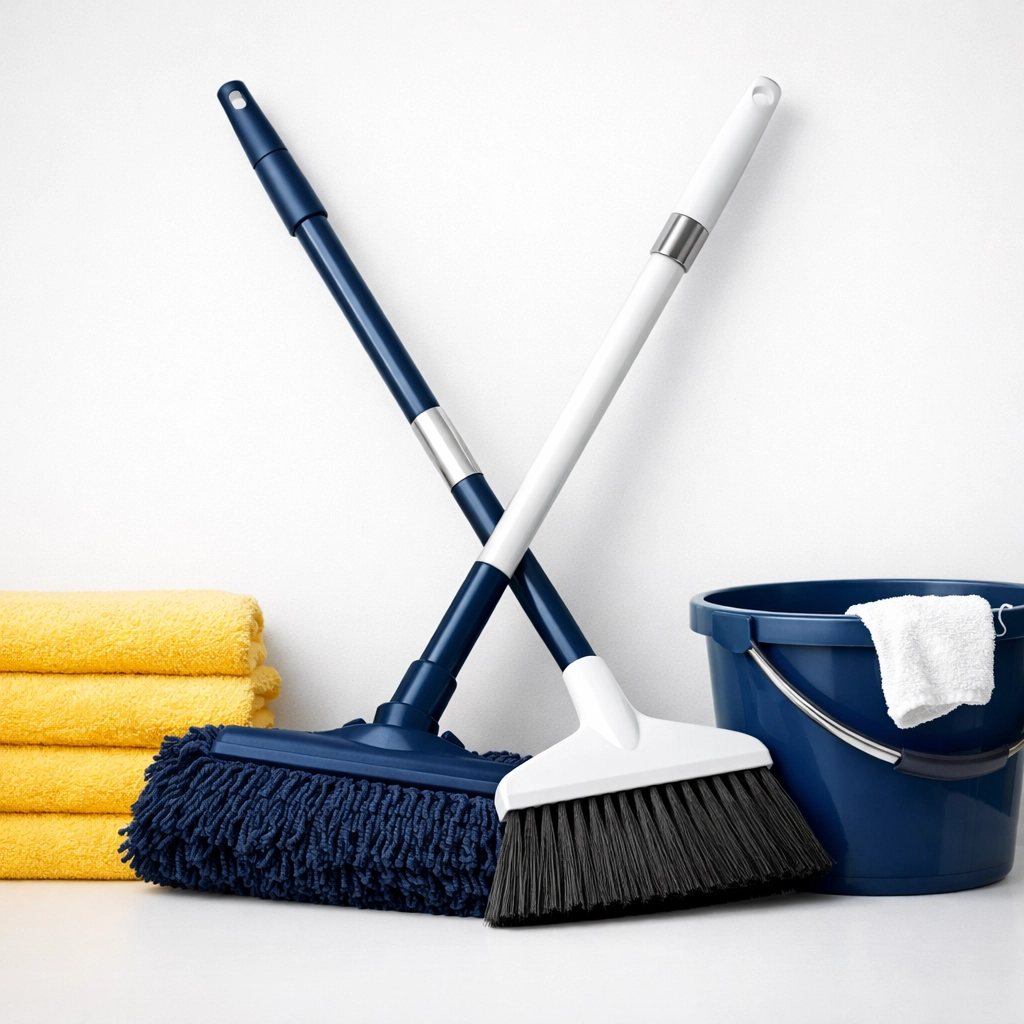 Professional cleaning equipment including mops and towels used by The Cleaning Ninjas Inc in Massachusetts.