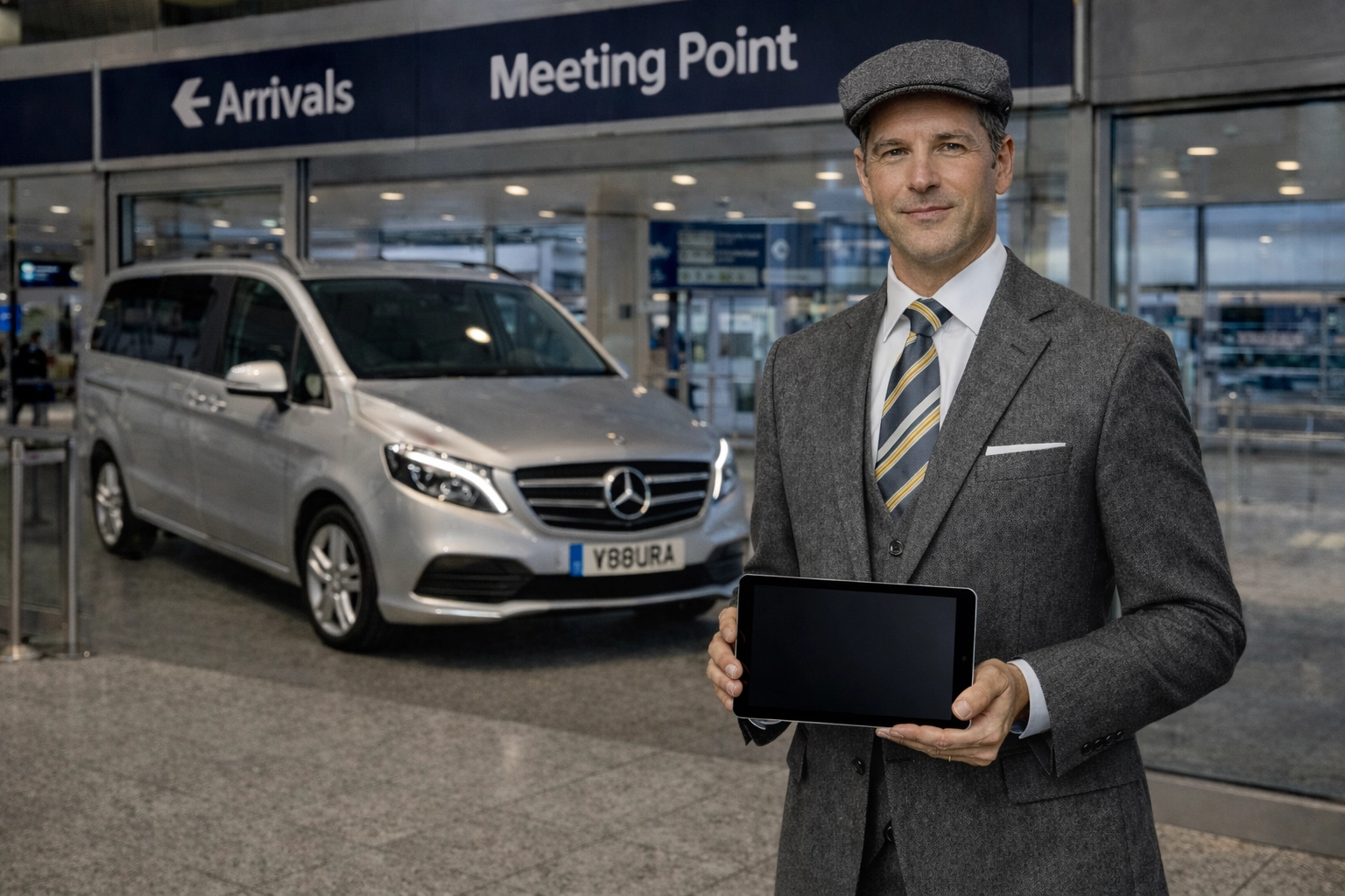 Professional chauffeur with a greeting sign at Glasgow Airport terminal next to a silver Mercedes-Benz V-Class.