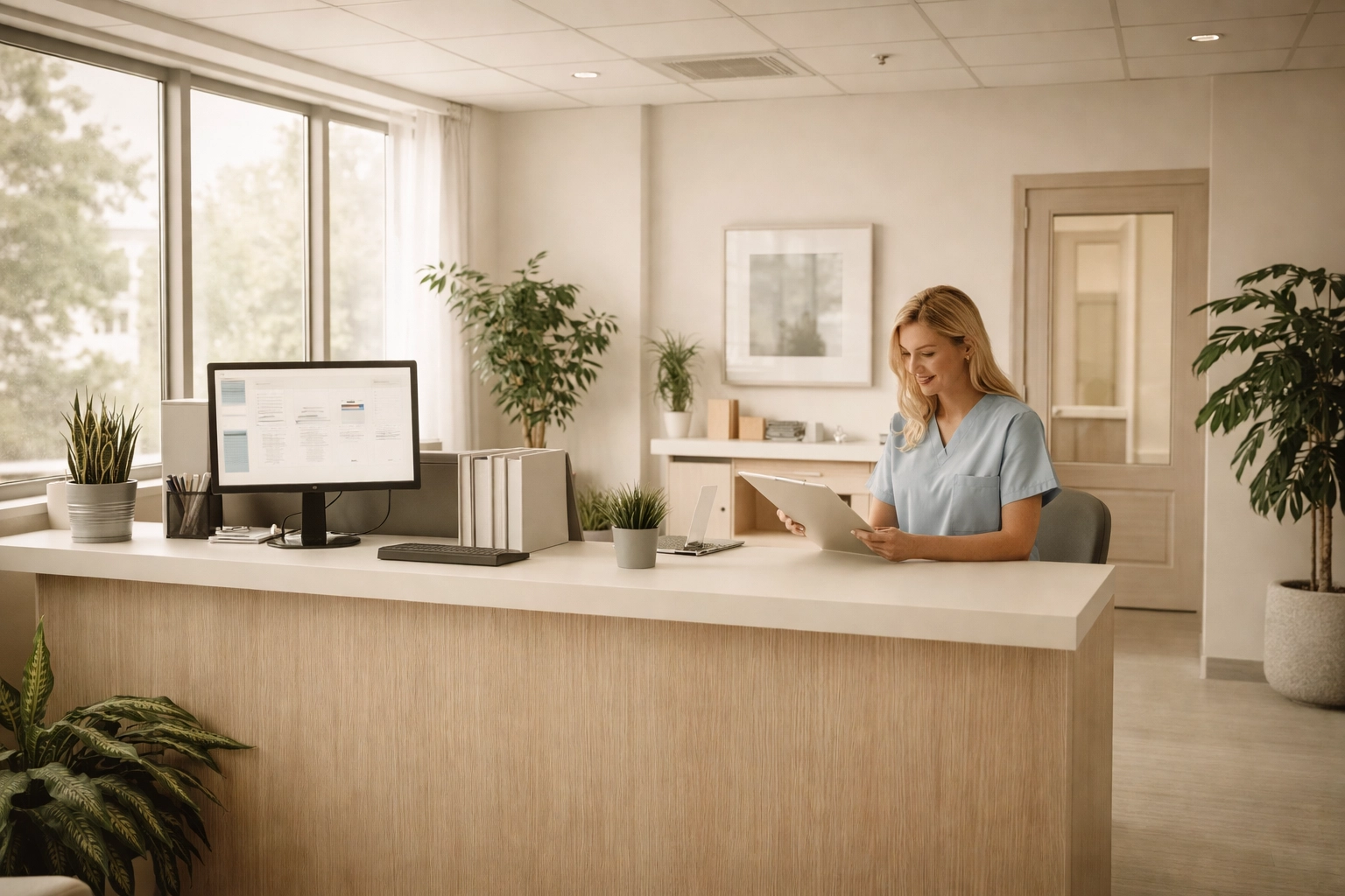 Efficient medical practice office with tidy reception and calm staff, highlighting operational efficiency and effective healthcare management.