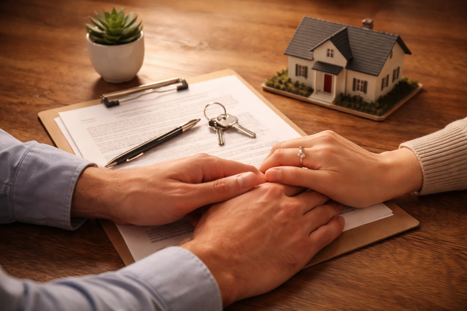 Couple's hands with house keys and documents, representing equitable property division in Fredericksburg same-sex divorce cases