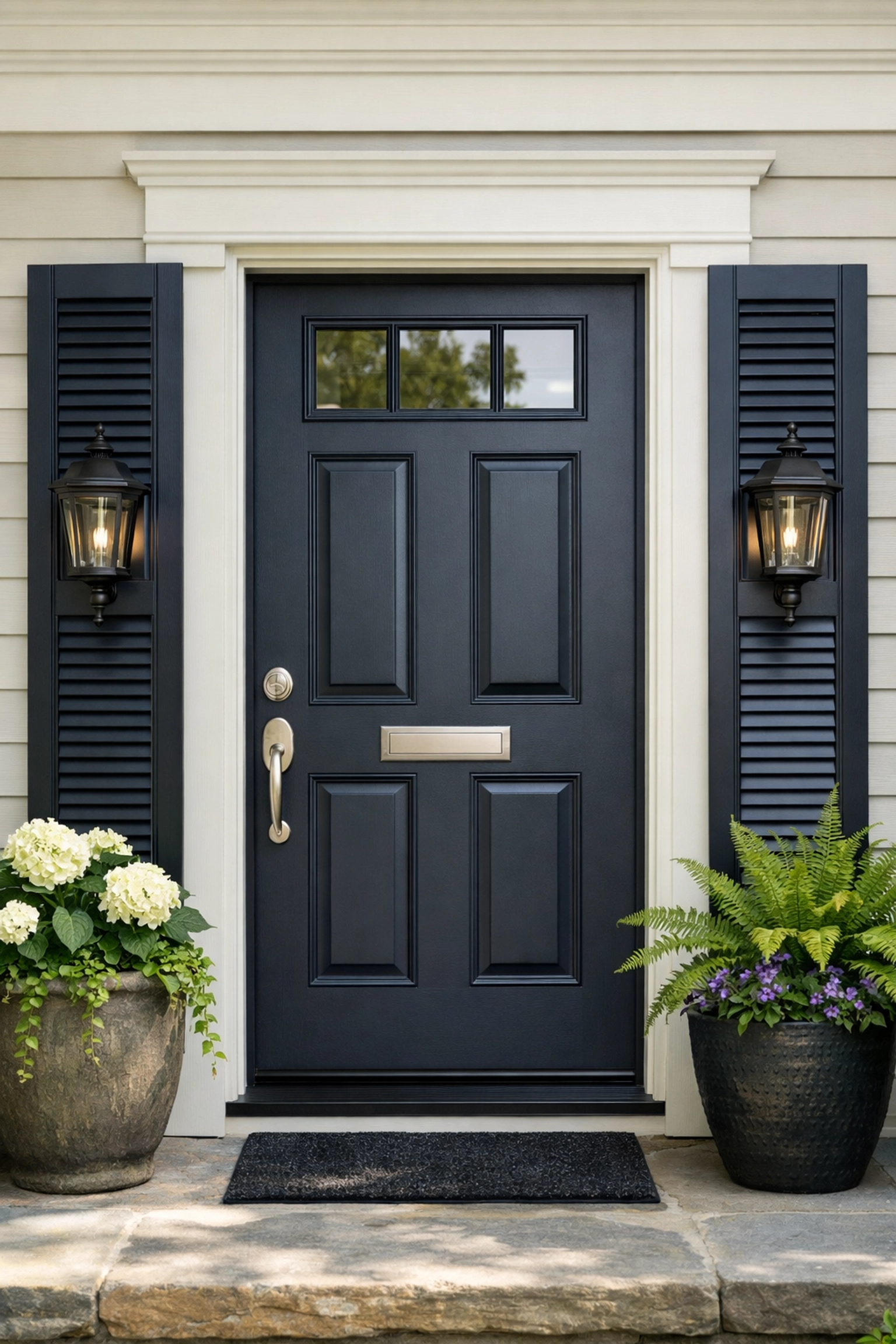 Dark charcoal front door and shutters as accent colors on light painted home exterior